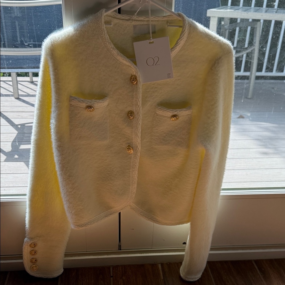 Q2 Cream Teddy Jacket with Gold Buttons
